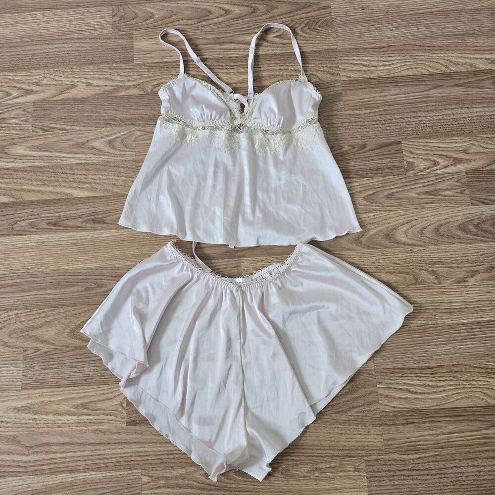 Kat The Label Short Camisole Top Set Size Small Blush Pink Lace Satin Tie Back